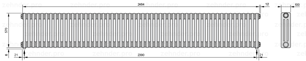 Схема (чертеж) Радиатор Zehnder Charleston 3057/54 №3570 Technoline TL